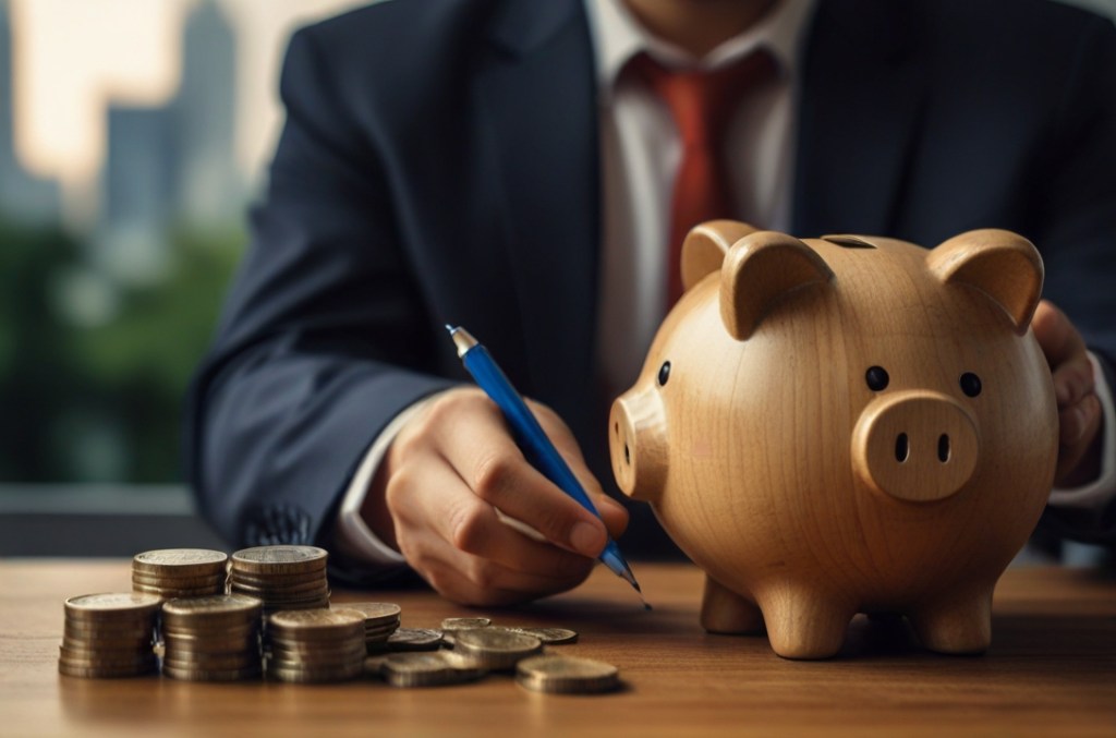 A imagem mostra um empresário trajando um elegante terno e gravata, concentrado em suas anotações, enquanto está sentado à mesa com um cofrinho em forma de porco e montes de moedas meticulosamente empilhadas diante dele. A caneta azul em sua mão e o olhar atento sobre o papel refletem a seriedade e o cuidado com que as decisões financeiras devem ser tomadas. Este cenário simboliza a essência da gestão financeira e do investimento estratégico, temas que ressoam com o conteúdo do nosso artigo "Nova Modalidade de Investimento em Startups é aprovada no Senado Brasileiro". A imagem captura a importância do planejamento e da análise criteriosa, fundamentais para quem deseja investir em startups sob a nova legislação brasileira, que promete abrir portas para um futuro de oportunidades e crescimento no setor de inovação.